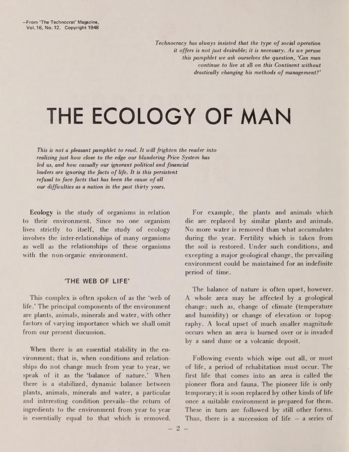 The Ecology of Man. Excerpted from The Technocrat Magazine